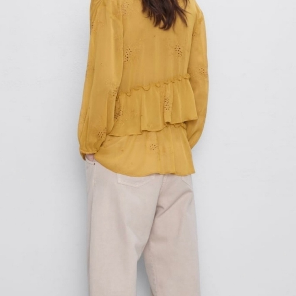 Zara Boho Semi Sheer Botton DownMustard Blouse NWT - Picture 2 of 4